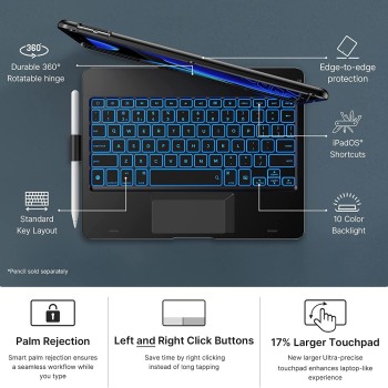 typecase Flexbook Keyboard for iPad 9th Gen,8th Gen & 7th Gen (10.2 Inch), iPad Air 3, iPad Pro-10.5 Inch, 10 Color Backlight, 360° Rotation, Pencil Holder, Trackpad, Bluetooth, Black