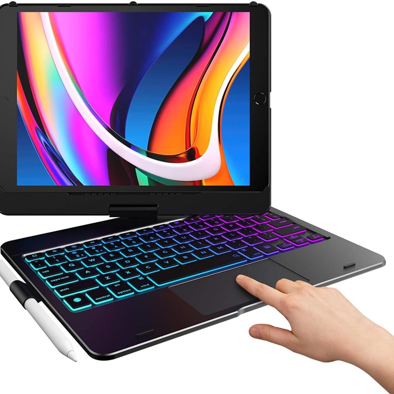 typecase Flexbook Keyboard for iPad 9th Gen,8th Gen & 7th Gen (10.2 Inch), iPad Air 3, iPad Pro-10.5 Inch, 10 Color Backlight, 360° Rotation, Pencil Holder, Trackpad, Bluetooth, Black