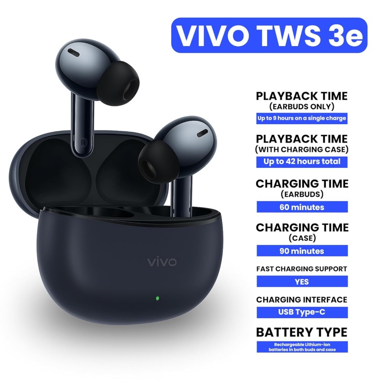 vivo TWS 3e True Wireless Earbuds | Bluetooth 5.3, AI Noise Cancellation, 42H Battery, 88ms Low Latency, Dual Device Pairing, IP54 Splash Resistant – (Dark Indigo)